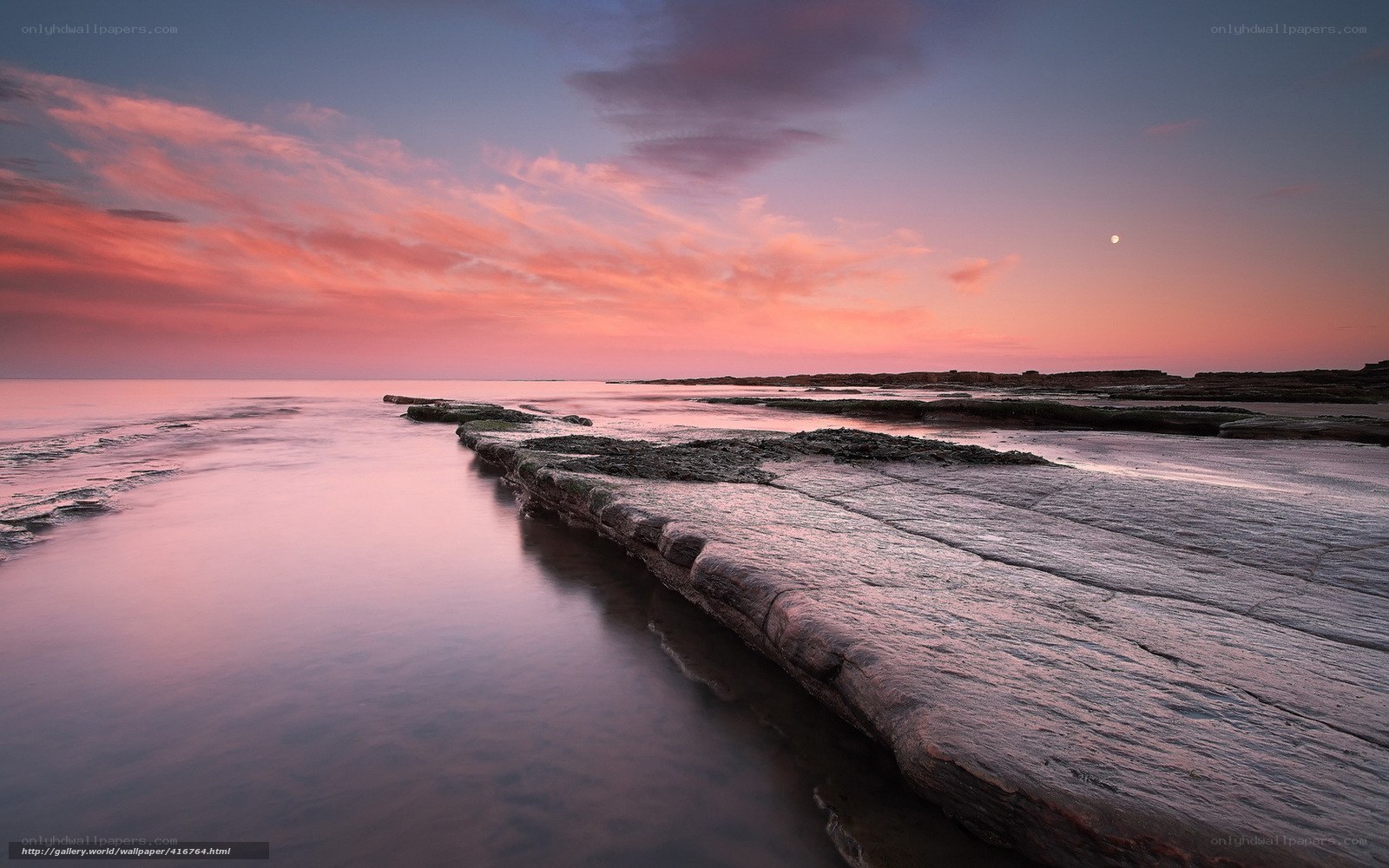 Pink sunset over rocky shore