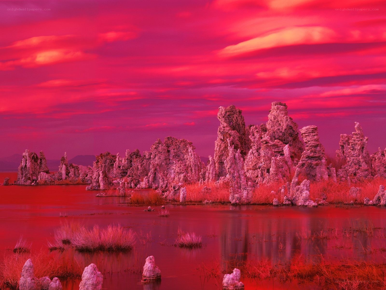Pink sunset over tufa formations