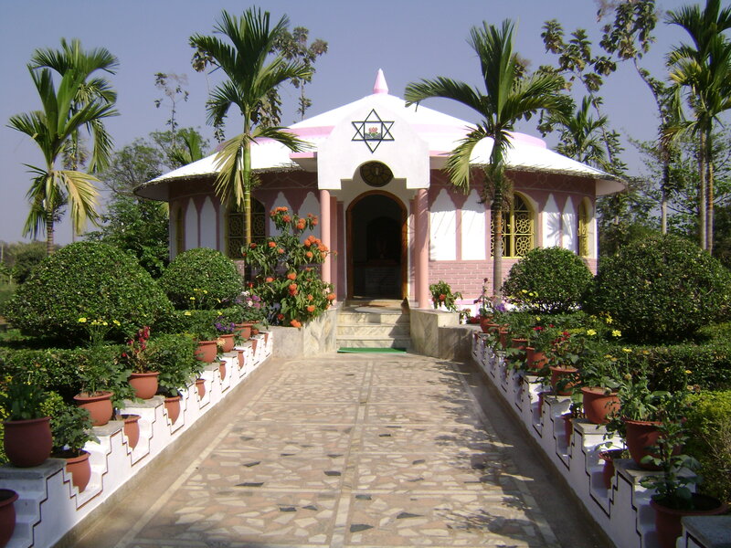 Pink temple with garden pathway