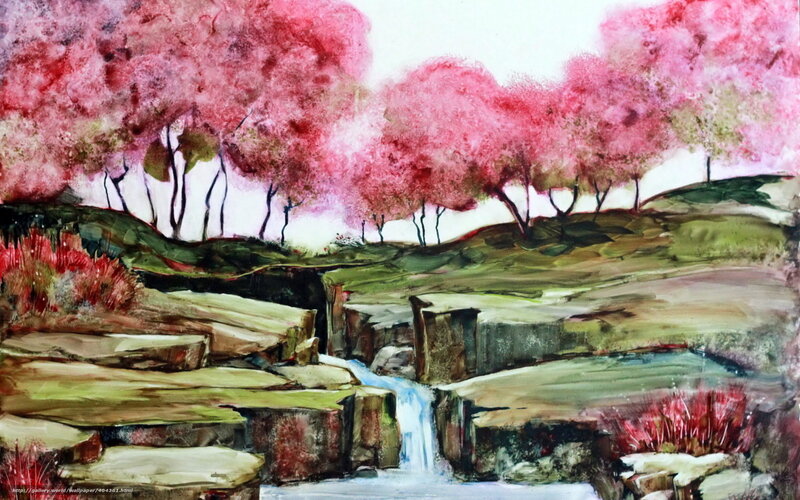 Pink Trees by a Stream