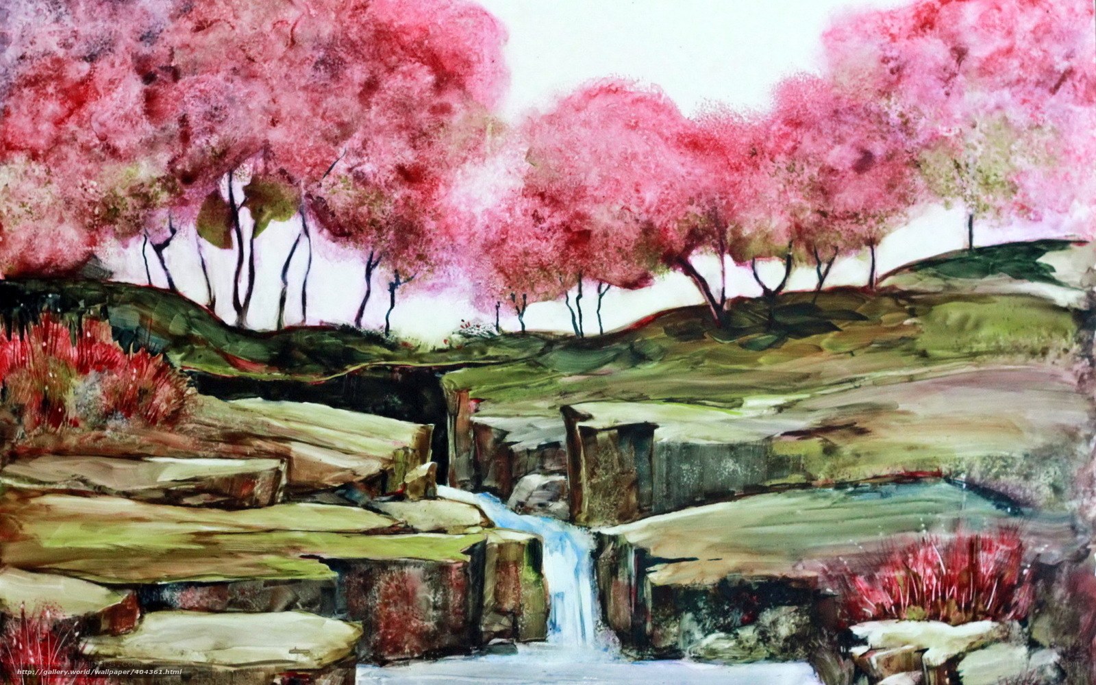 Pink Trees by a Stream