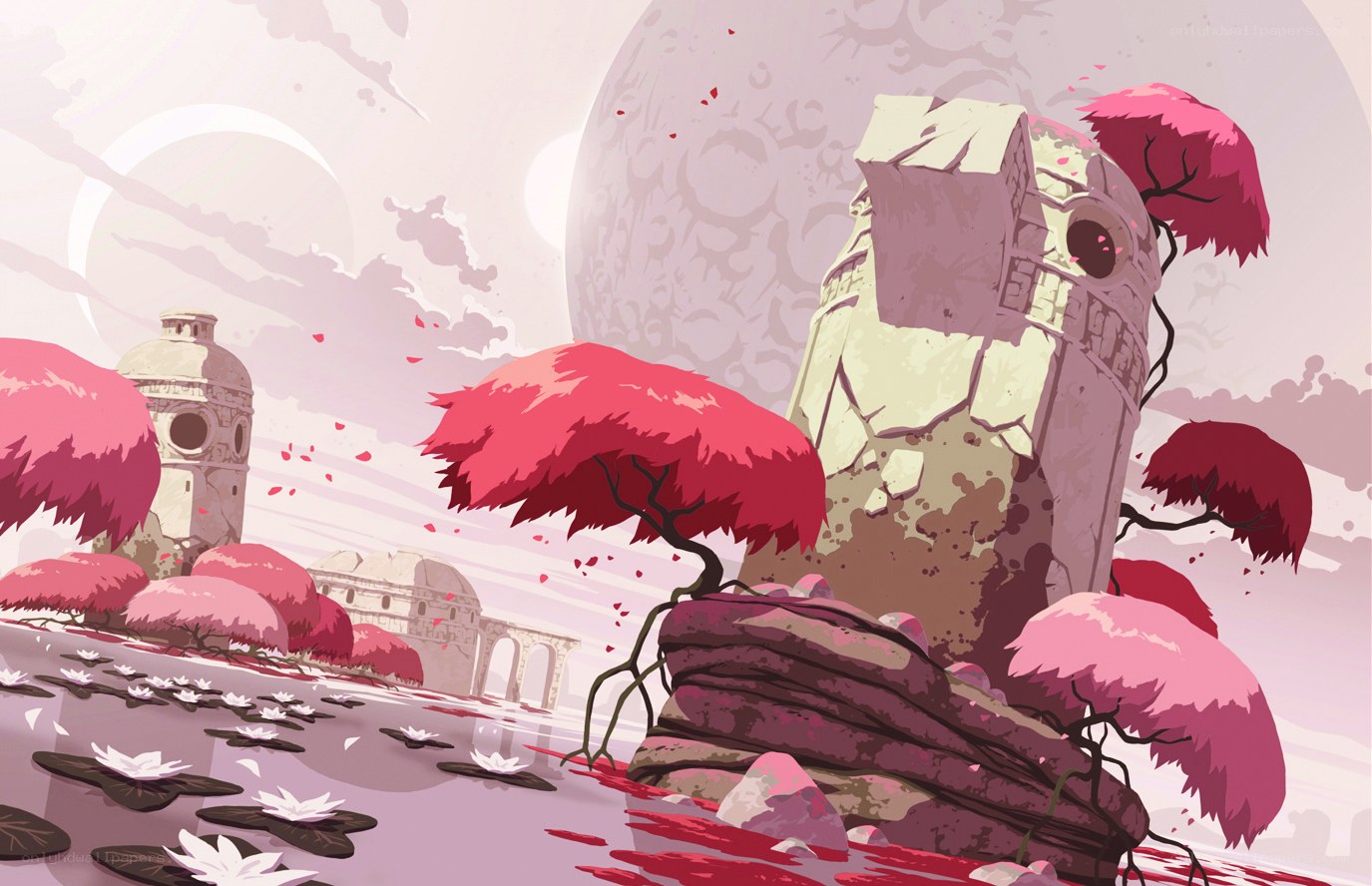 Pink trees on a ruined planet