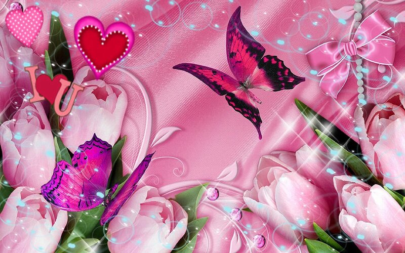 Pink Tulips and Butterflies — Romantic, Digital Art