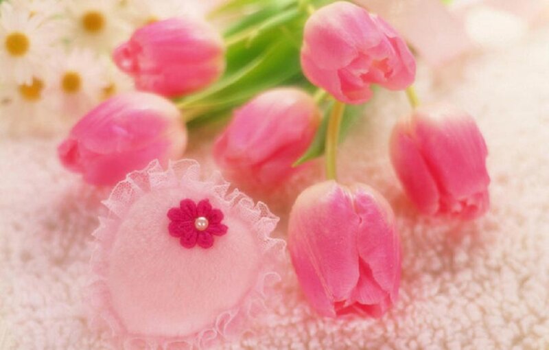 Pink Tulips and Fabric Flower