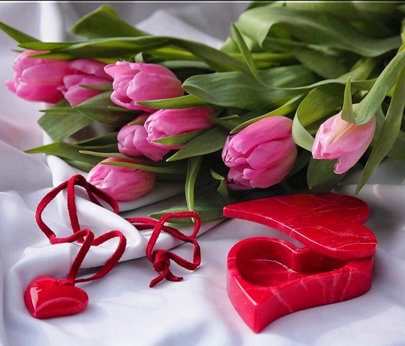 Pink Tulips and Heart Box