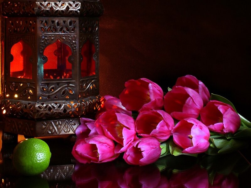 Pink Tulips and Lantern — Red