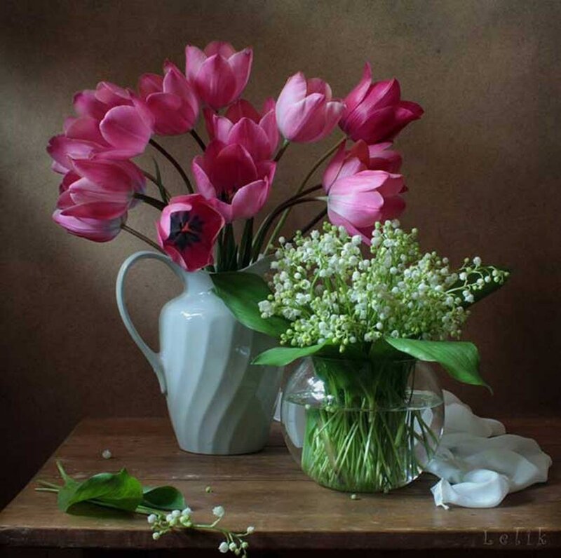 Pink Tulips and Lilies of the Valley — Serene