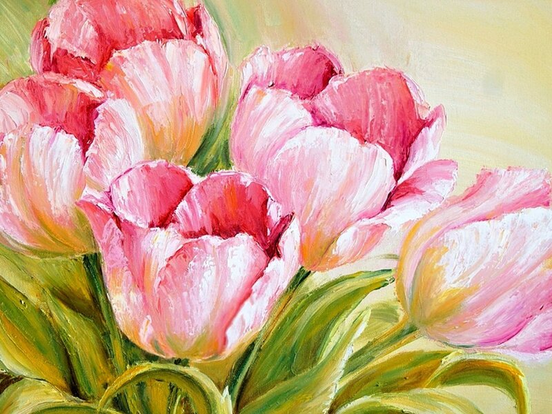 Pink Tulips Bouquet — Calm, Painting, Green Leaves