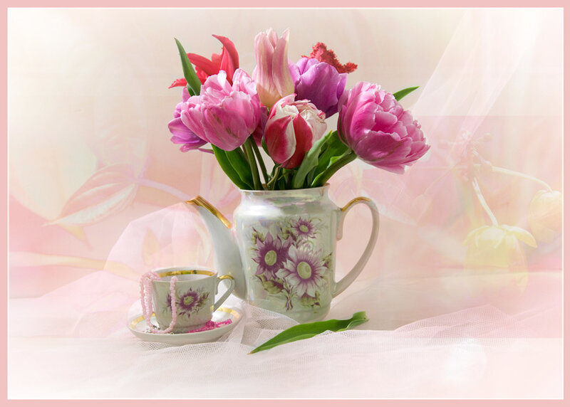 Pink tulips in a teapot