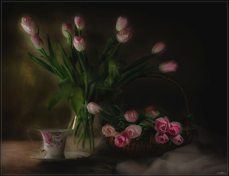 Pink Tulips in Basket — Dramatic, Photograph, Teacup