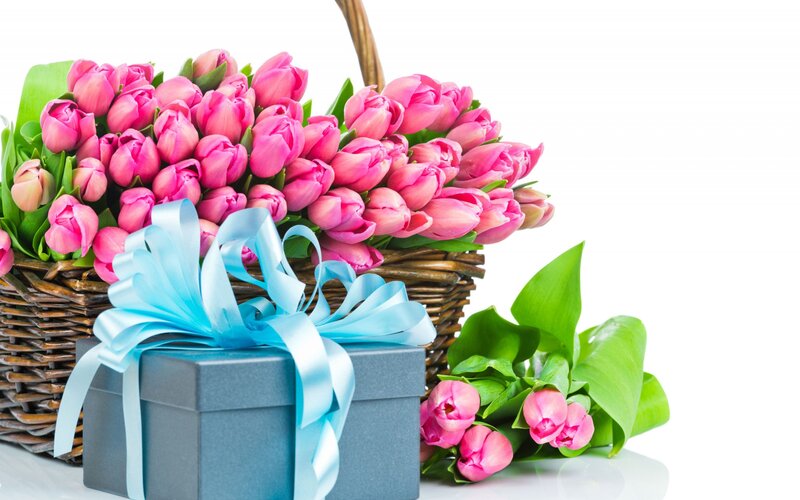 Pink Tulips in Basket — Festive, Spring, Photograph