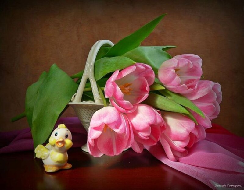 Pink Tulips in Basket — Serene, Photograph, Duck Figurine