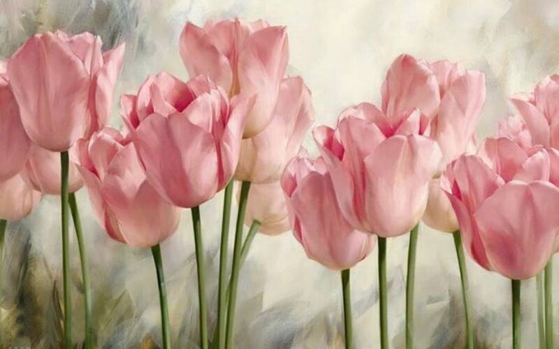 Pink Tulips in Bloom — Serene, Spring, Painting