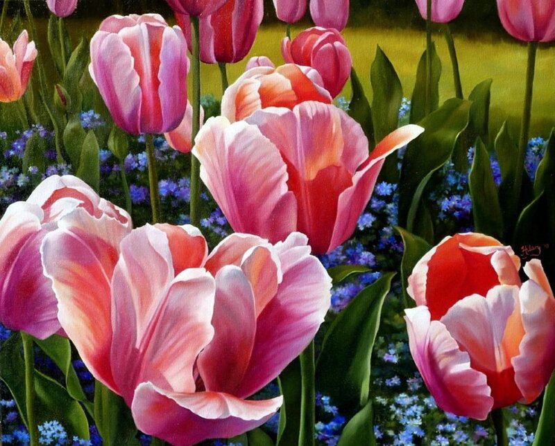 Pink Tulips in Garden — Serene, Spring, Painting