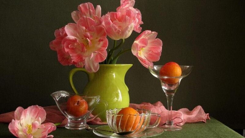 Pink Tulips in Pitcher — Green, Calm