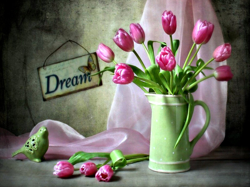 Pink Tulips in Pitcher — Serene, Photograph, Bird Figurine, Sign