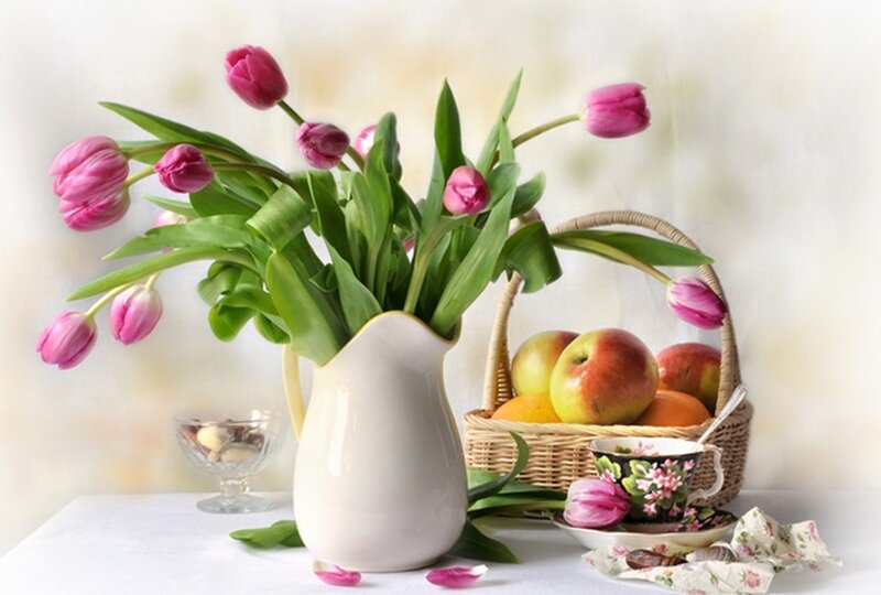 Pink Tulips in Pitcher — Serene, Spring, Photograph, Fruit Basket