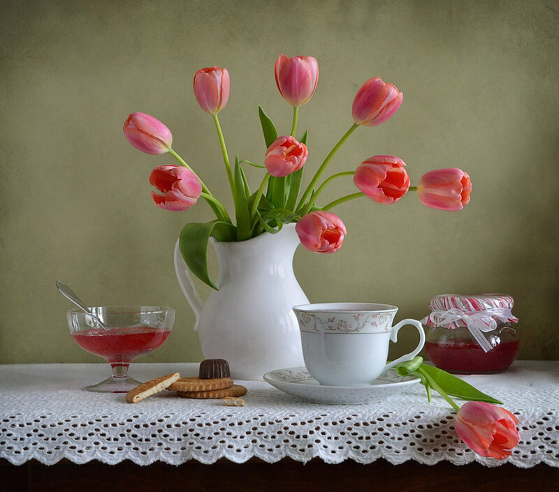 Pink Tulips in Pitcher — Serene, Spring, Photograph, Tea Cup