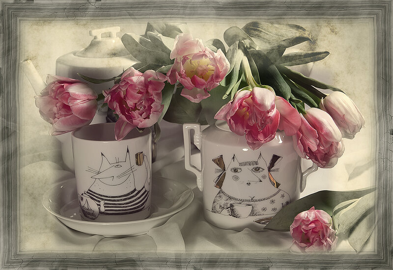 Pink Tulips in Teacups