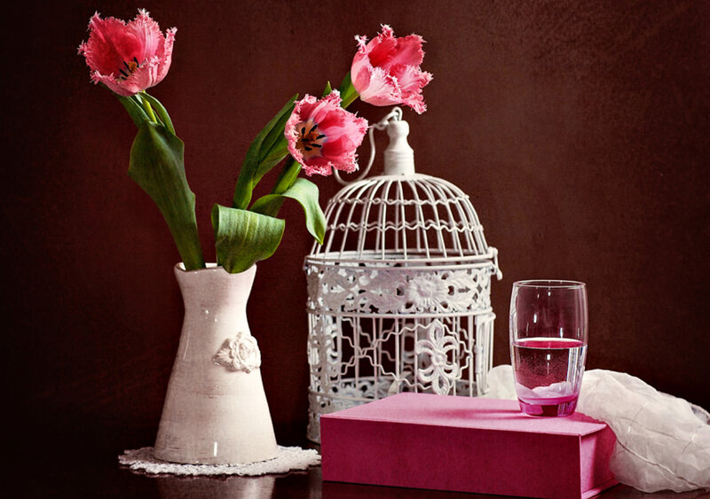 Pink Tulips in Vase — Brown, Still Life