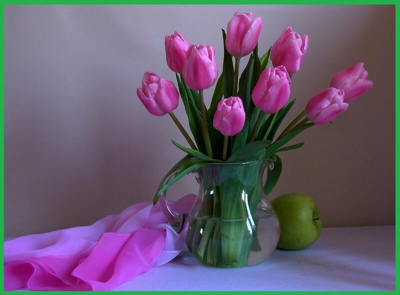 Pink Tulips in Vase — Calm, Photograph, Green Apple