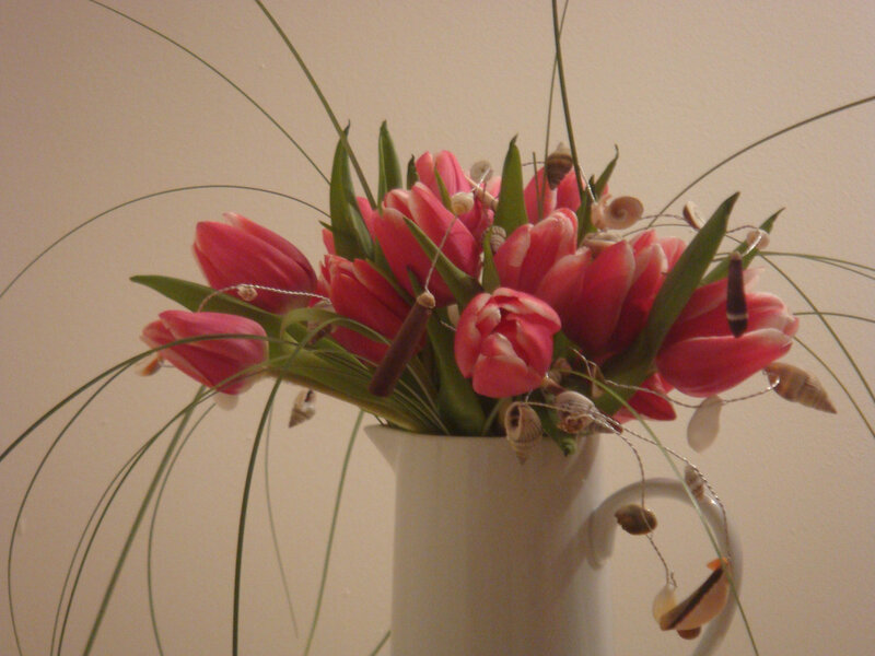 Pink Tulips in Vase — Calm, Photograph, Seashells
