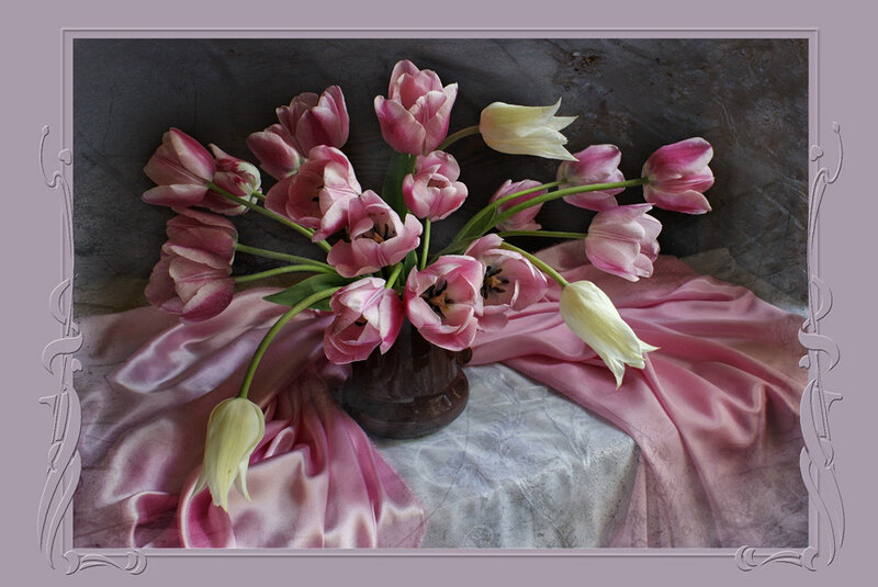 Pink Tulips in Vase — Calm, Photograph, Silk Fabric