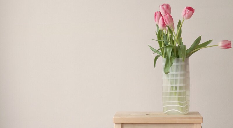 Pink Tulips in Vase — Calm, Photograph, Table, Wall