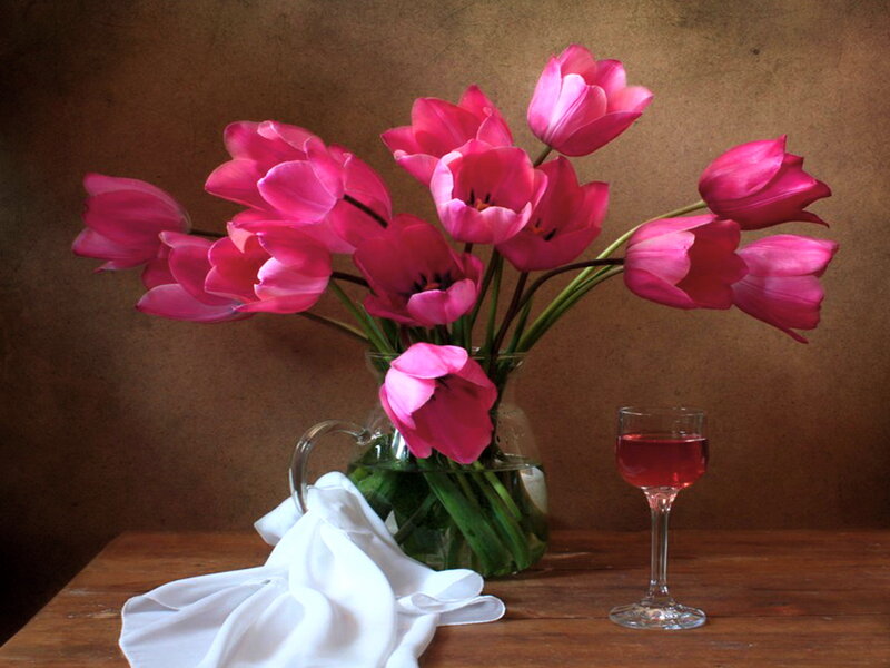 Pink Tulips in Vase — Calm, Photograph, Wine Glass