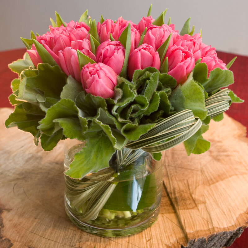 Pink Tulips in Vase — Calm, Photograph, Wooden Surface