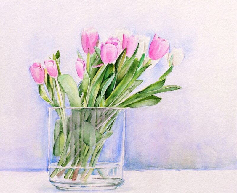 Pink Tulips in Vase — Calm, Spring, Painting