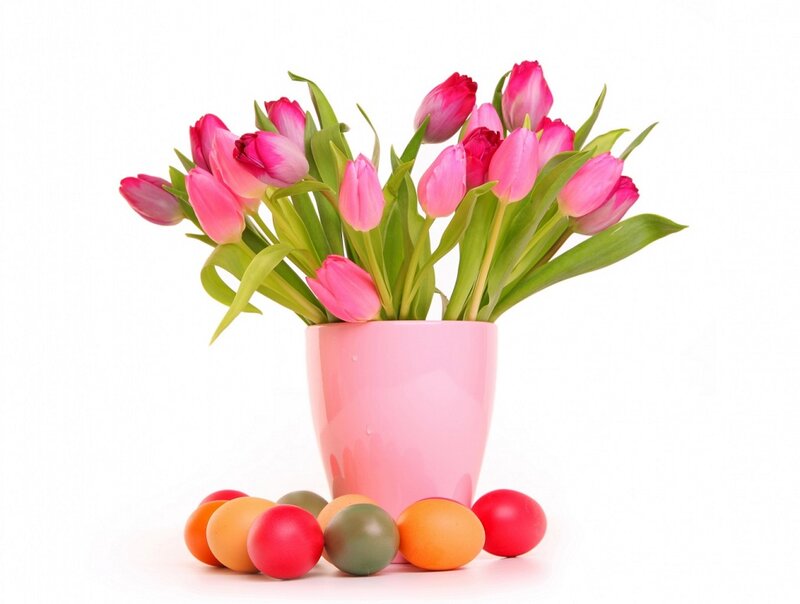 Pink Tulips in Vase — Calm, Spring, Photograph, Eggs