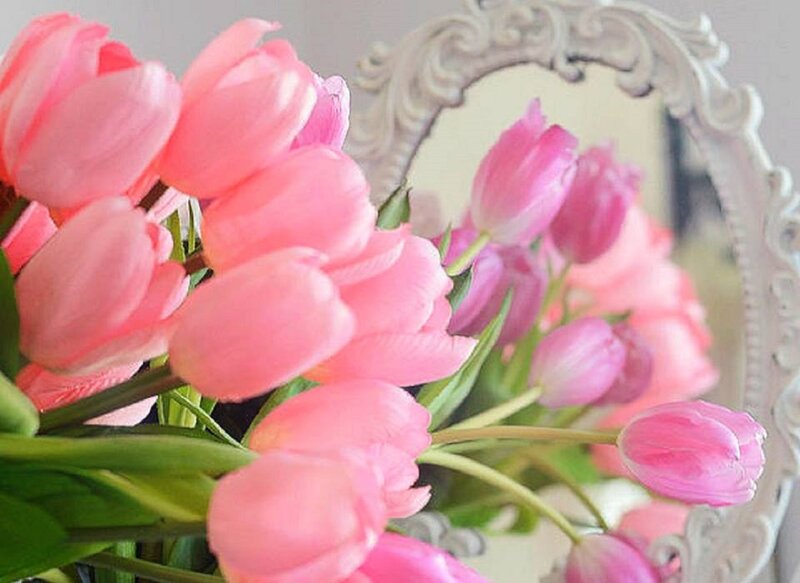 Pink Tulips in Vase — Calm, Spring, Photograph, Mirror