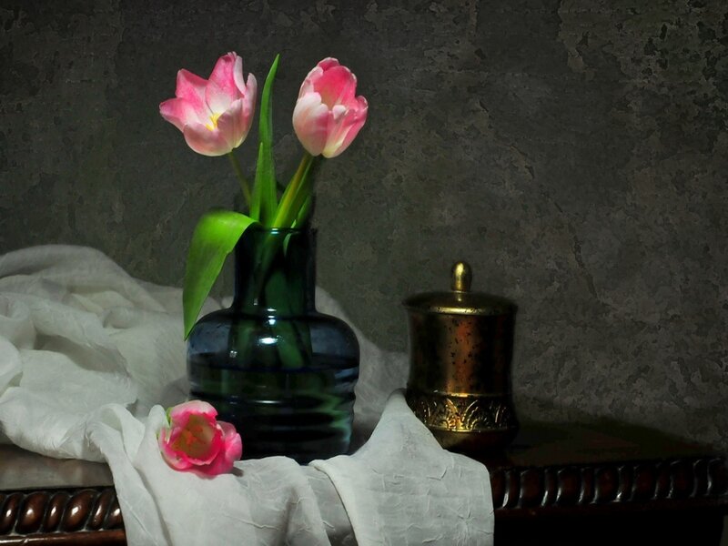 Pink Tulips in Vase — Dramatic, Photograph, Cloth
