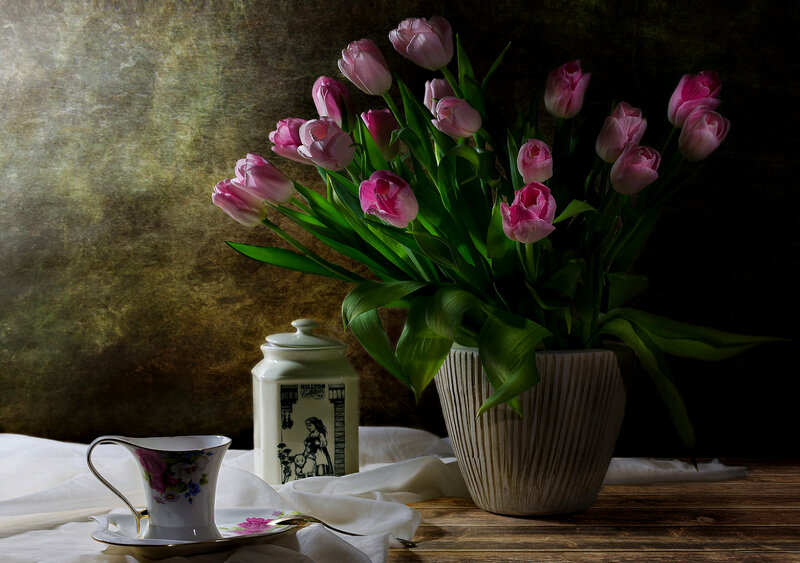 Pink Tulips in Vase — Dramatic, Photograph, Tea Cup