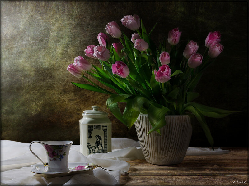 Pink Tulips in Vase — Dramatic, Photograph, Teacup