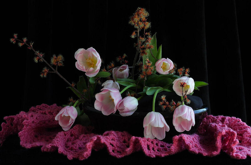 Pink Tulips in Vase — Dramatic, Photograph