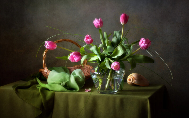 Pink Tulips in Vase — Green, Dramatic