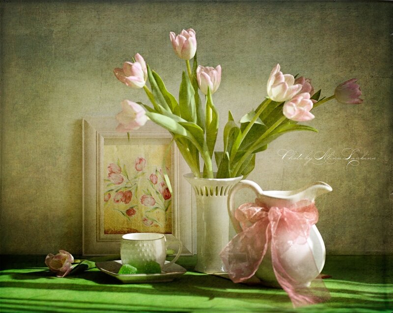 Pink Tulips in Vase — Green, Serene