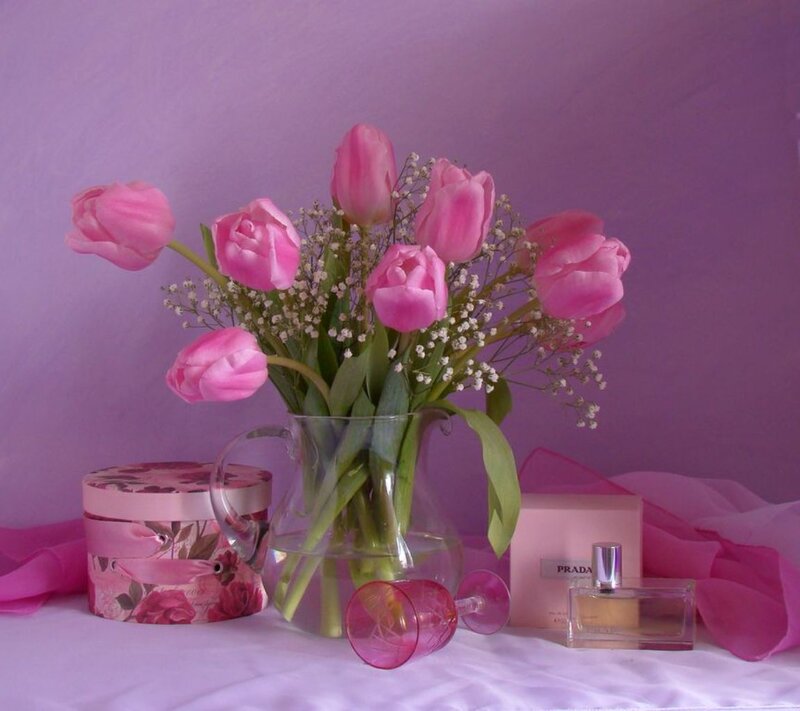 Pink Tulips in Vase — Purple, Serene