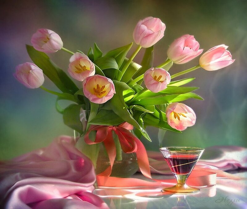 Pink Tulips in Vase — Serene, Digital Art