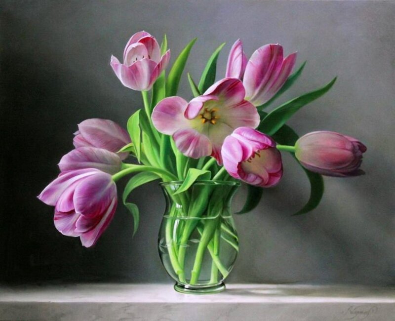Pink Tulips in Vase — Serene, Painting, Flowers