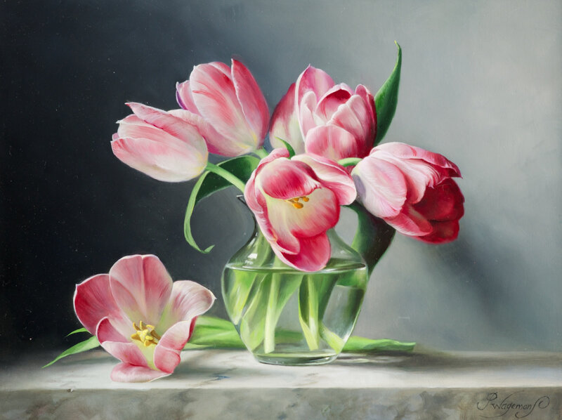 Pink Tulips in Vase — Serene, Painting, Table