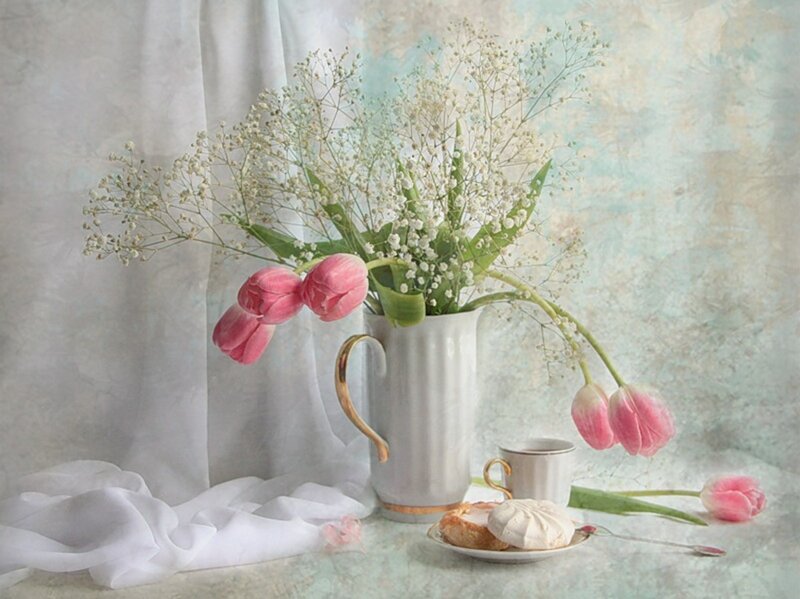 Pink Tulips in Vase — Serene, Painting