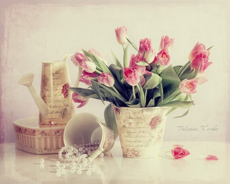 Pink Tulips in Vase — Serene, Photograph, Flower Pot