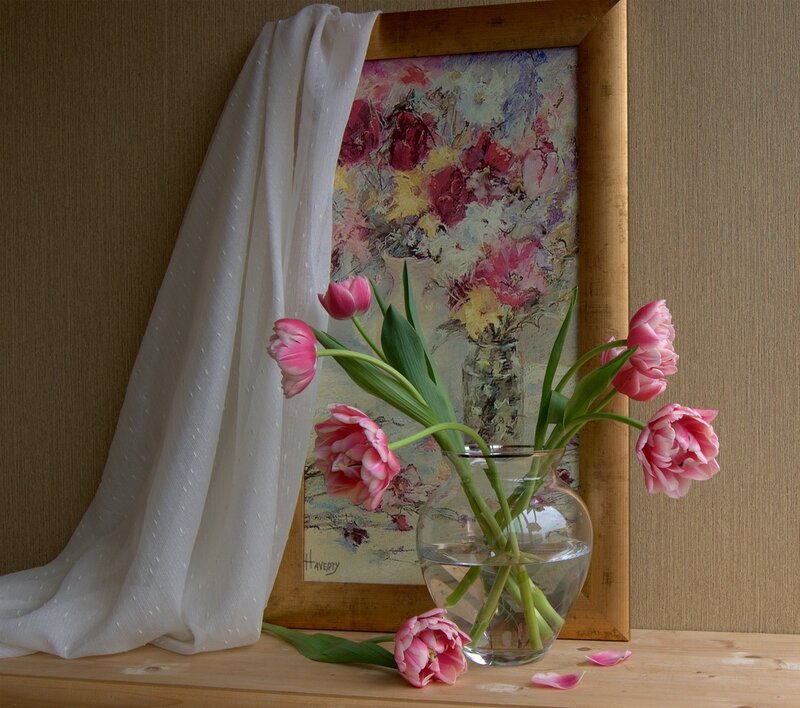 Pink Tulips in Vase — Serene, Photograph, Painting
