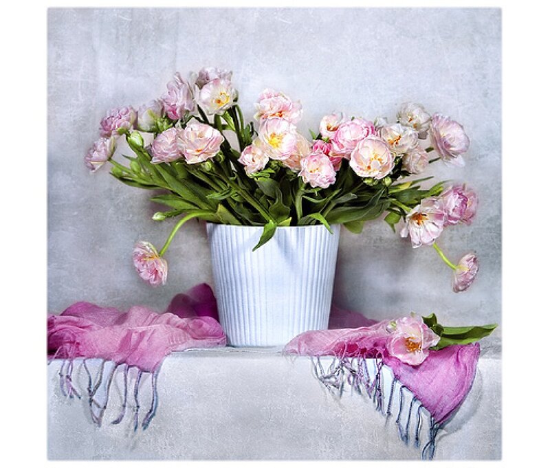 Pink Tulips in Vase — Serene, Photograph, Scarf