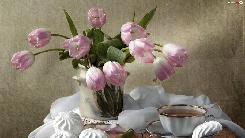Pink Tulips in Vase — Serene, Photograph, Tea Cup, Meringues