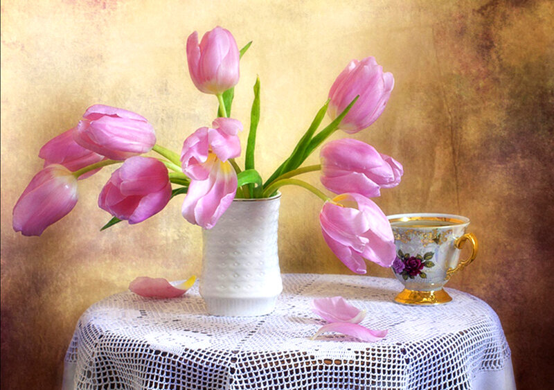 Pink Tulips in Vase — Serene, Photograph, Teacup, Lace Tablecloth