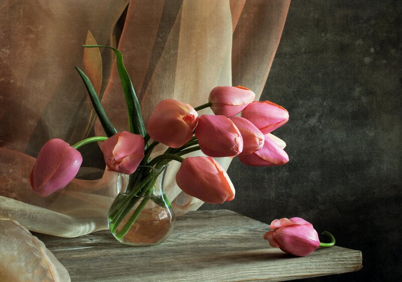 Pink Tulips in Vase — Serene, Photograph, Wooden Surface